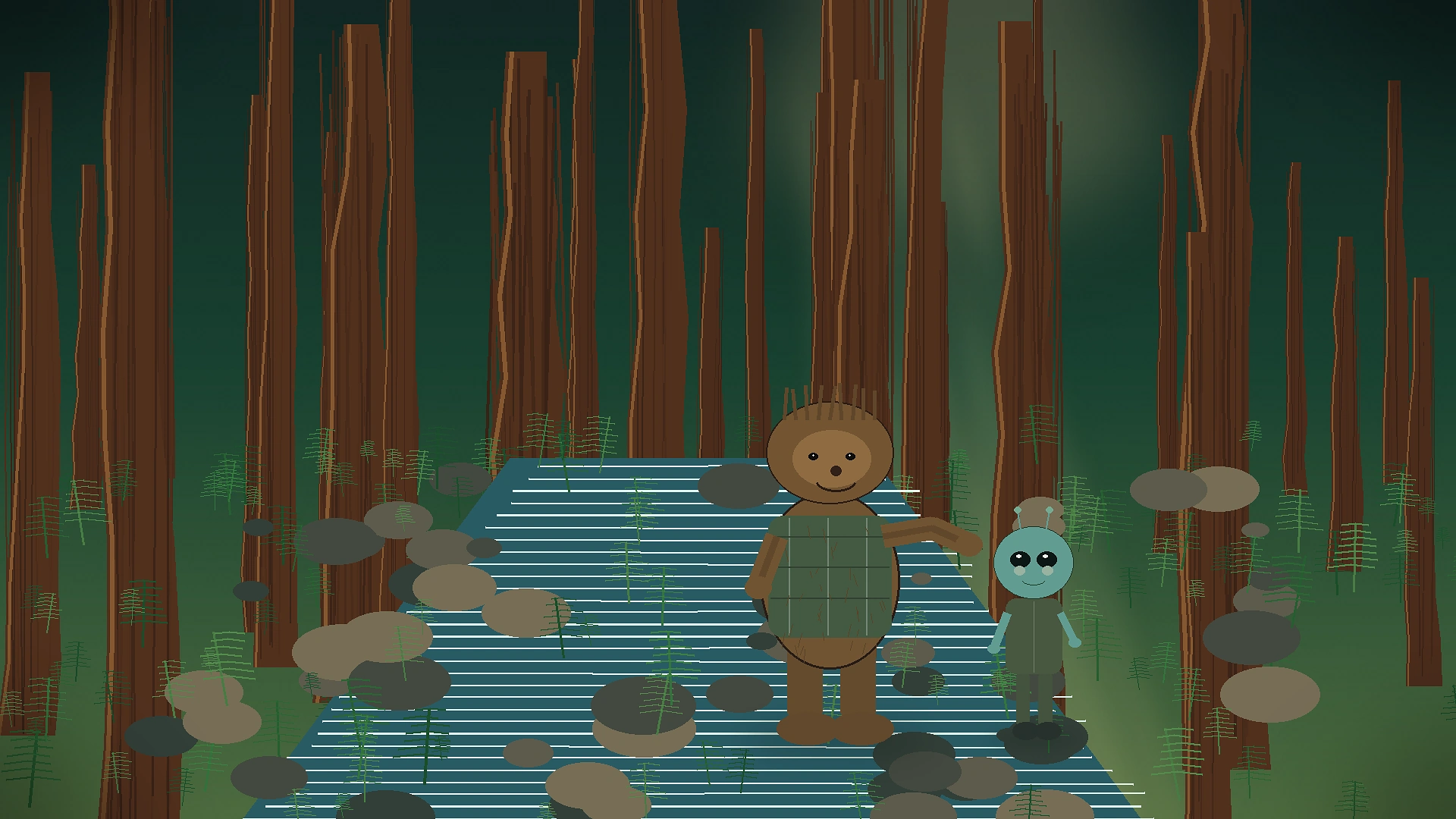 Bigfoot and alien friends near a fern-lined forest stream in Humboldt County