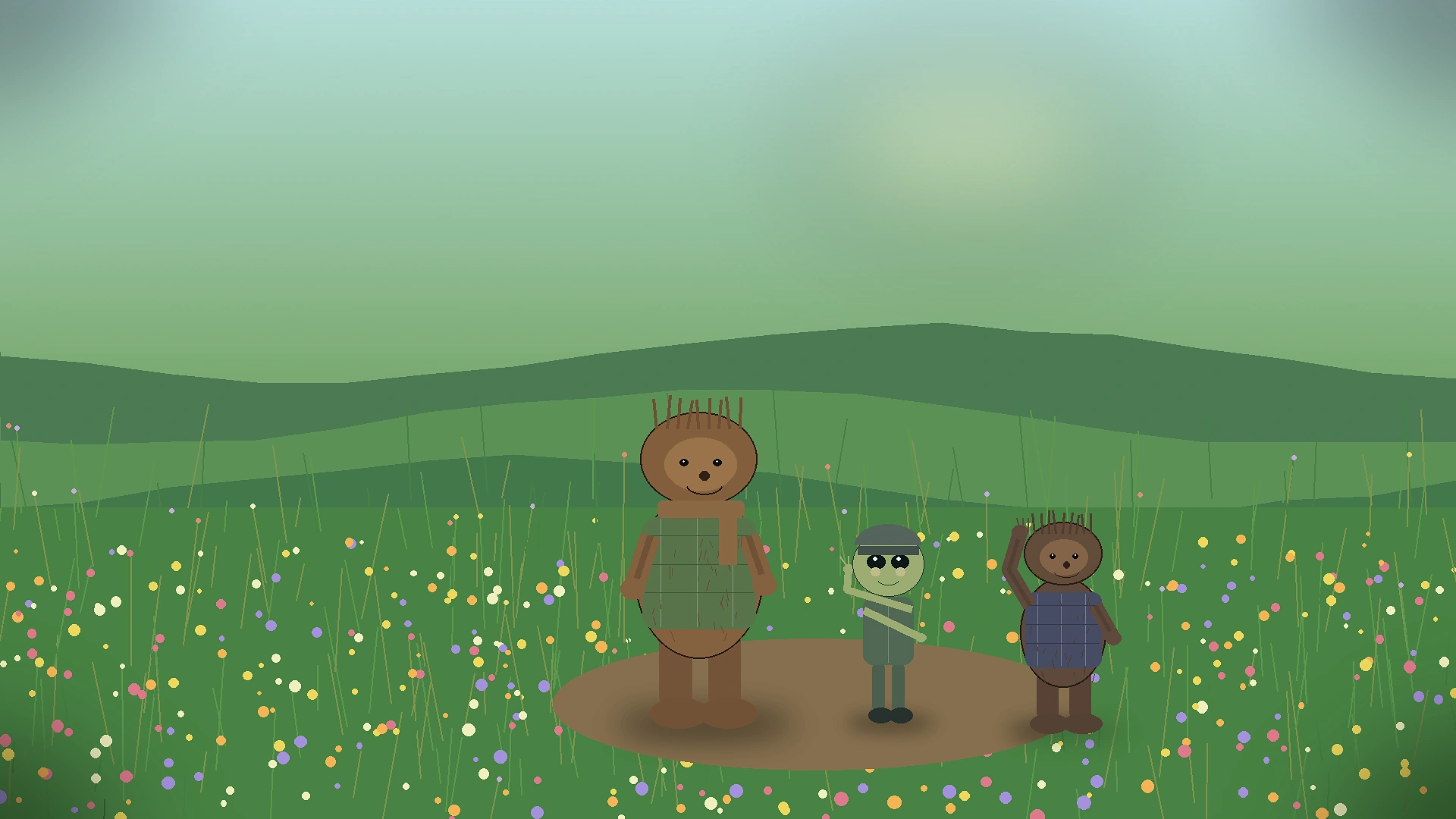 Bigfoot and alien friends resting in a wildflower meadow for a quiet Humboldt outing