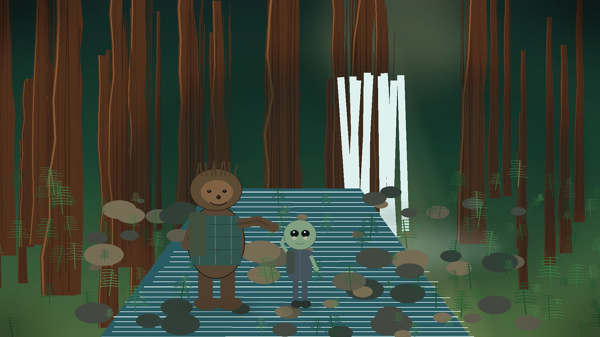 Bigfoot and alien friends exploring a forest waterfall trail