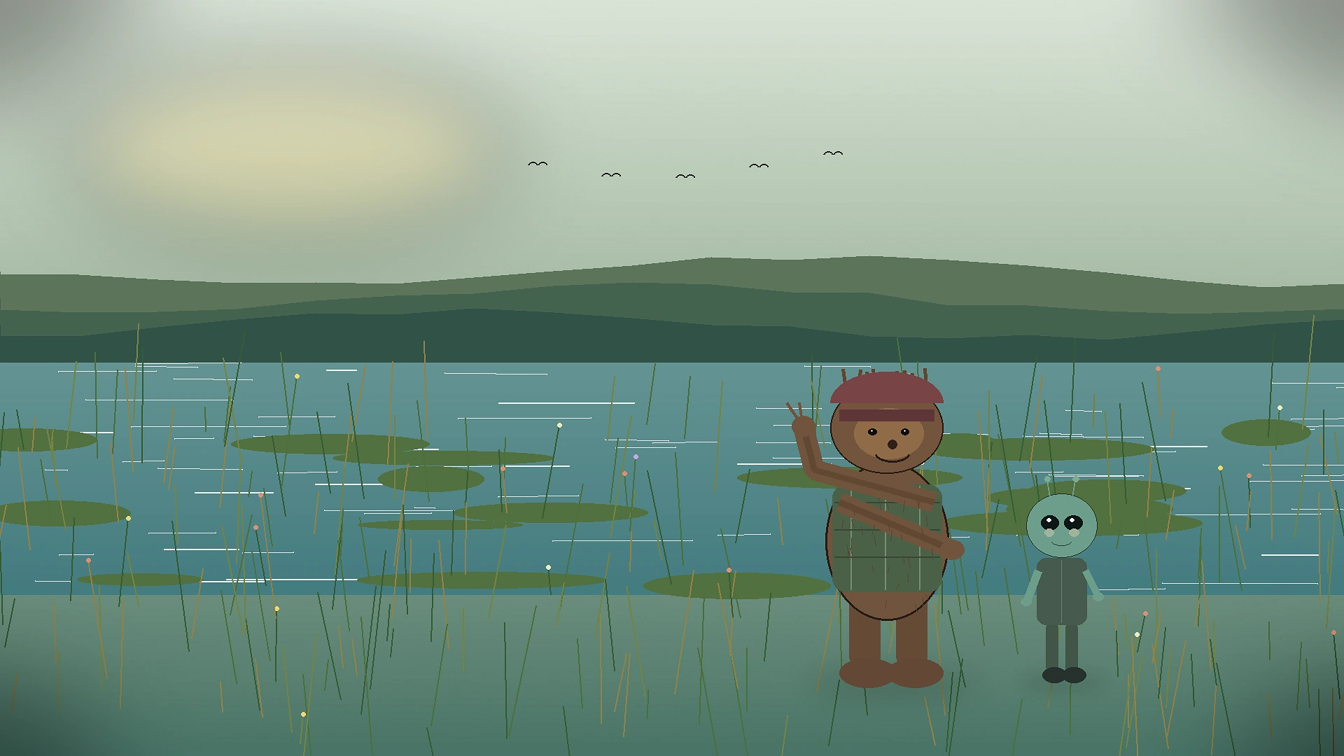 Bigfoot and alien friends looking across Humboldt Bay wetlands during a calm nature outing