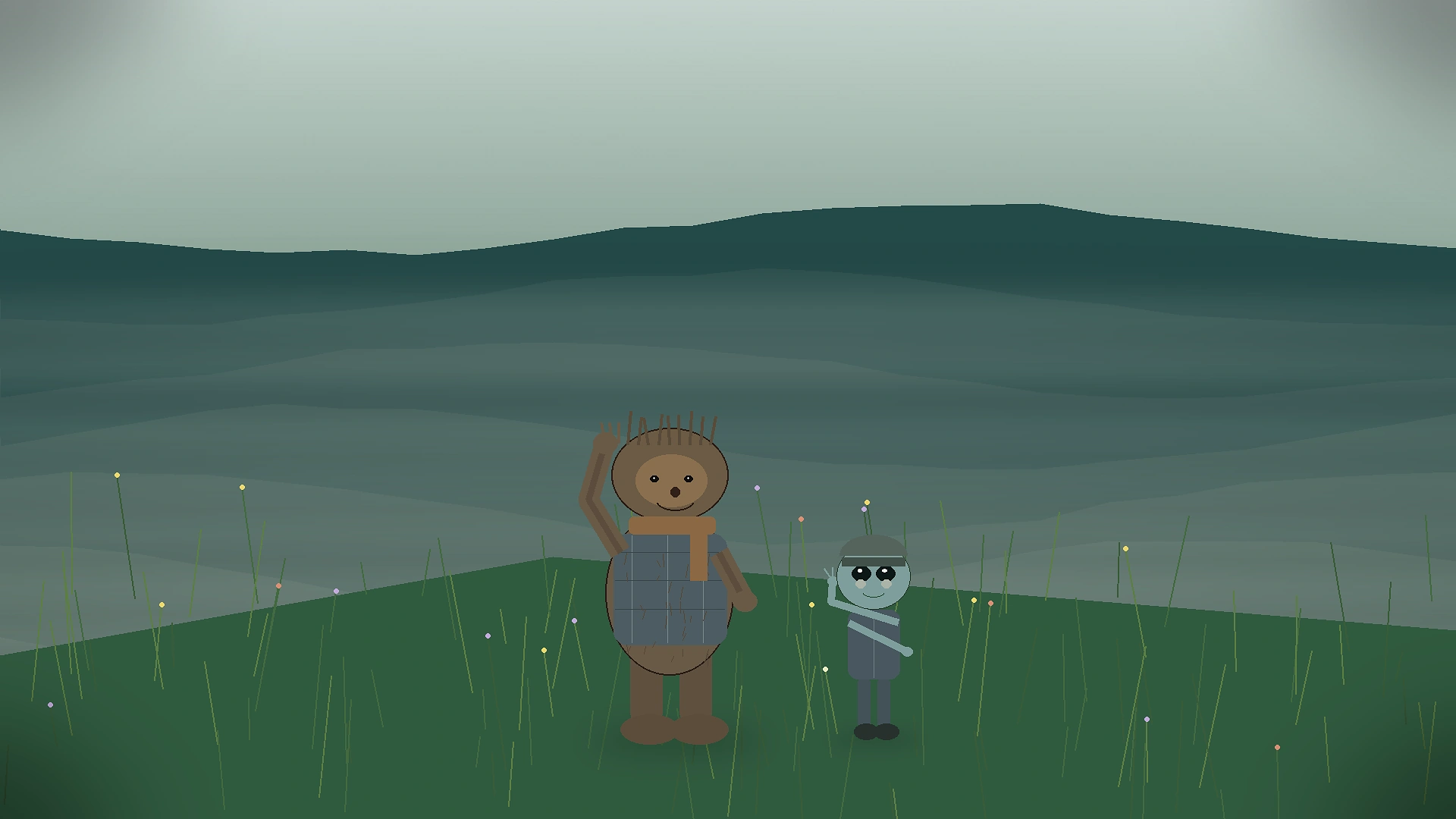 Bigfoot and alien friends overlooking a foggy Humboldt County ridge view