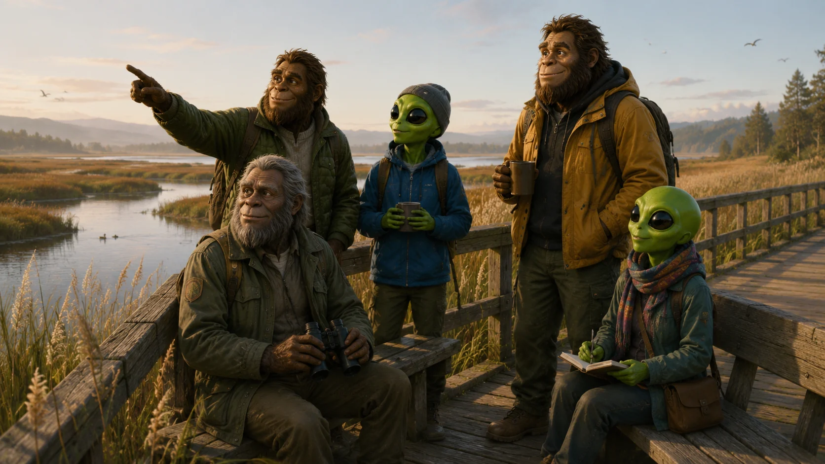 Bigfoot and alien friends on an Arcata Marsh boardwalk for accessible community inclusion