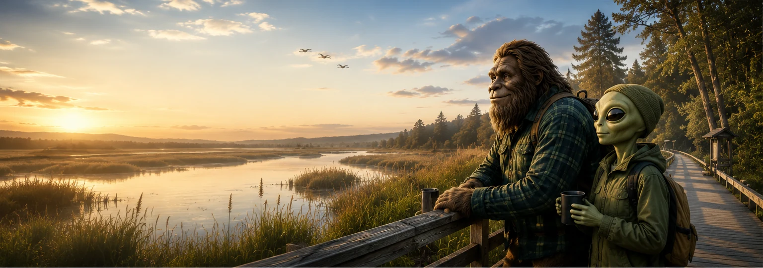 Bigfoot and alien friends on an Arcata Marsh boardwalk for a low-pressure Humboldt Friends meetup