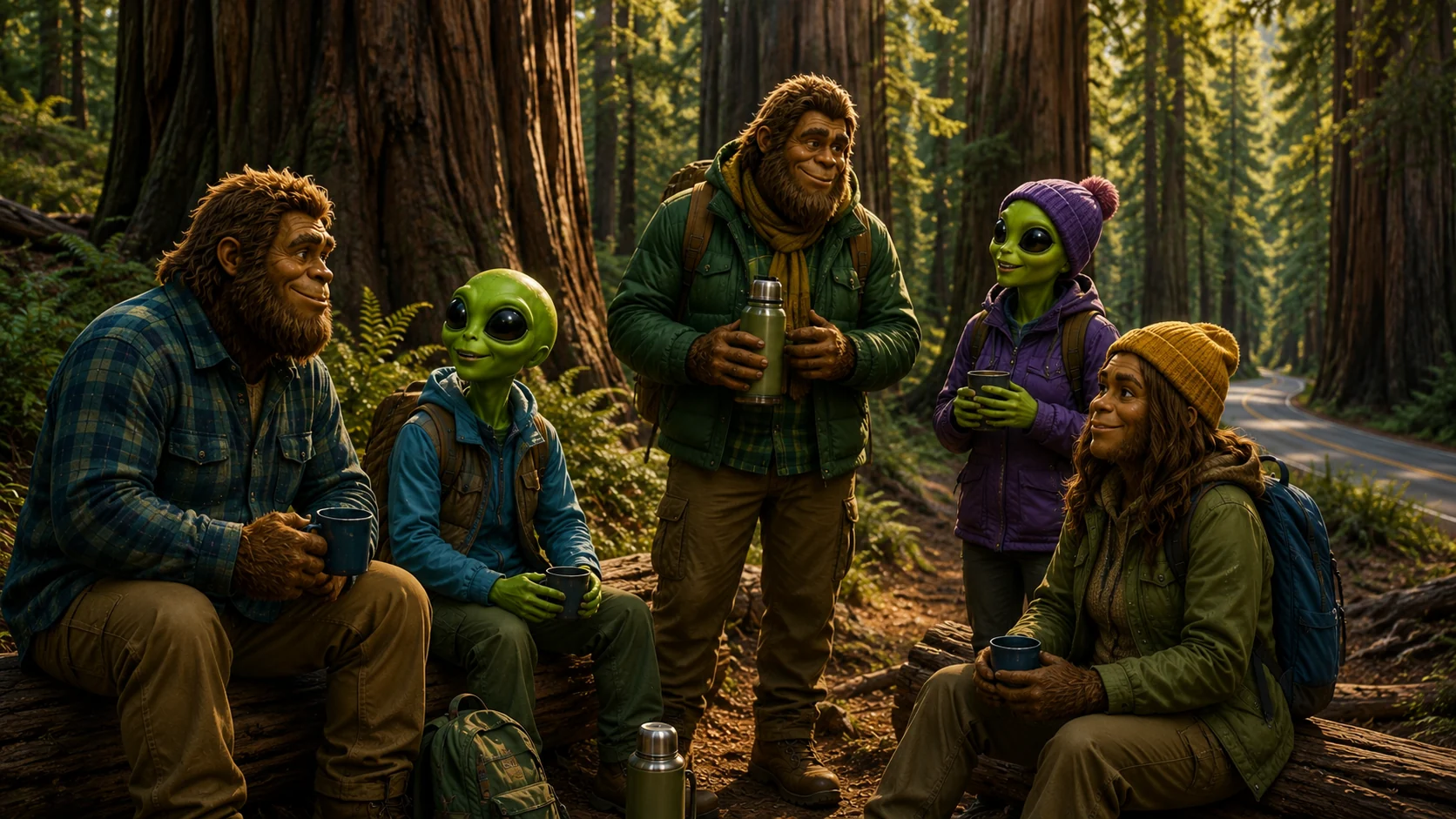Bigfoot and alien friends resting among Avenue of the Giants redwoods for Humboldt Friends