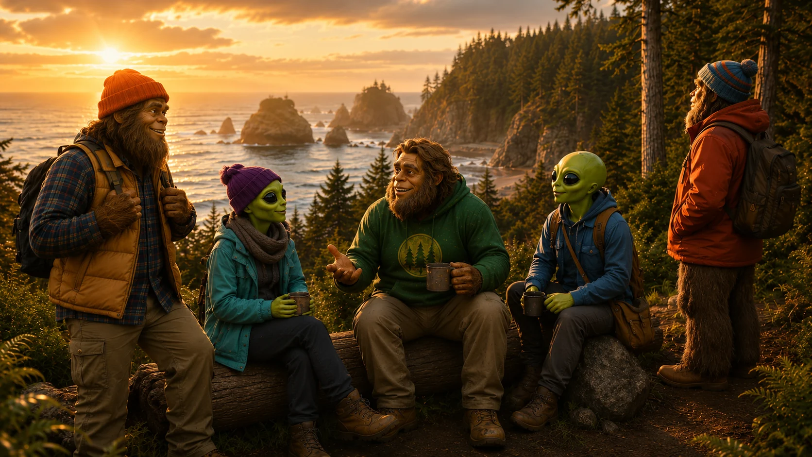 Bigfoot and alien friends at a Trinidad-style coastal overlook inviting people to join Humboldt Friends